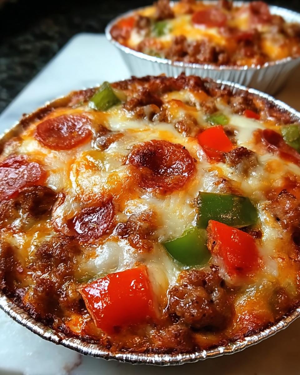 Close-up of a crustless pizza bowl topped with melted cheese, pepperoni, and chopped bell peppers.