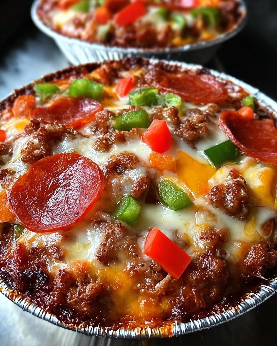 Close-up of a bubbling Crustless Pizza Bowl topped with pepperoni, sausage, and colorful bell peppers.