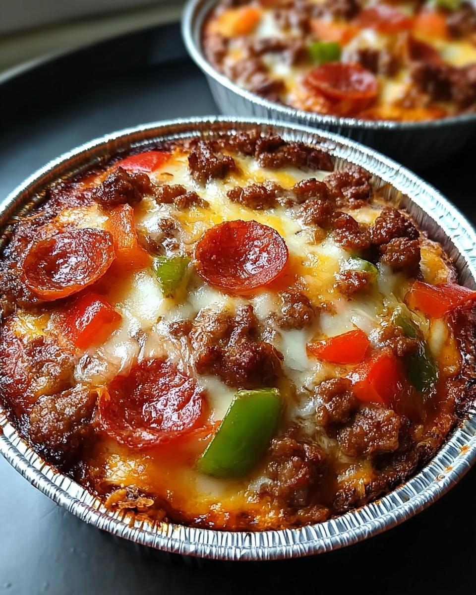 Close-up of a golden-brown Crustless Pizza Bowl topped with melted cheese, pepperoni, ground meat, and diced bell peppers.