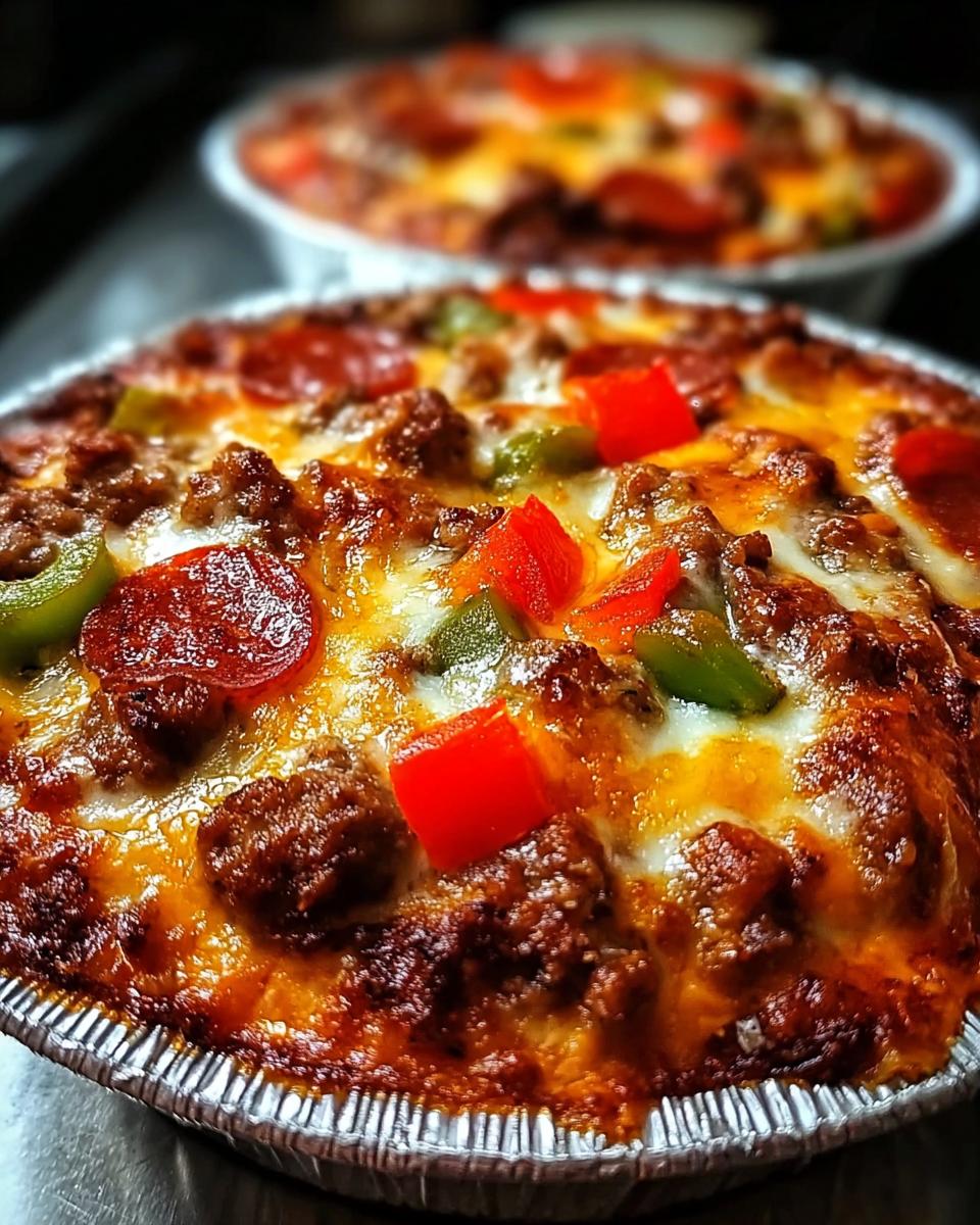 Close-up of a bubbling Crustless Pizza Bowl topped with pepperoni, sausage, and peppers.