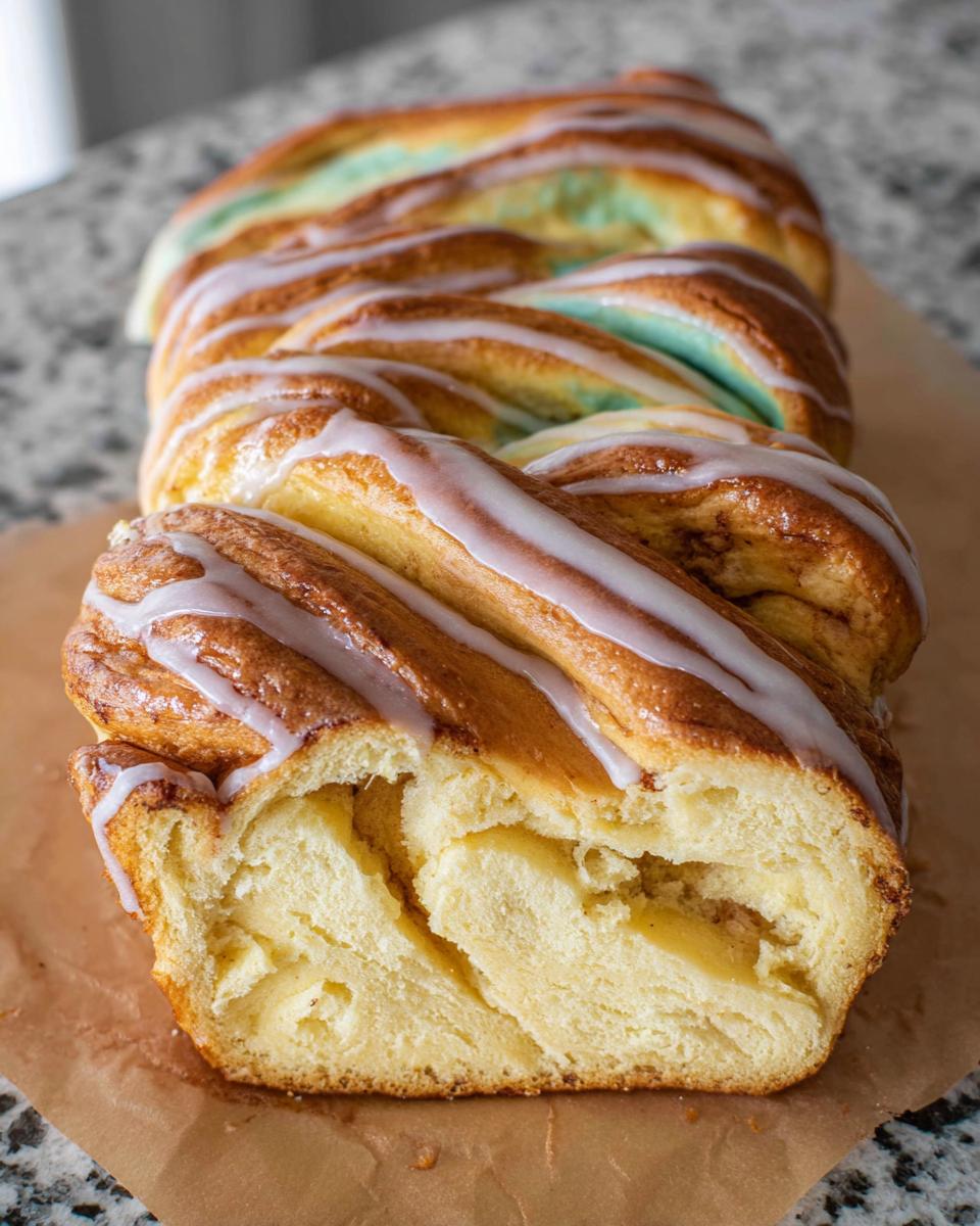 A close-up of a braided Easter Cream Cheese Babka, drizzled with white icing and featuring hints of blue dough.