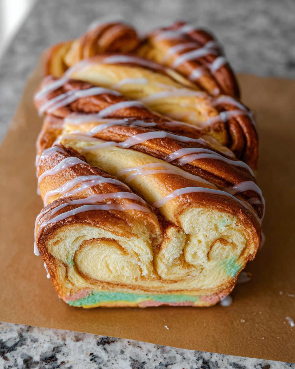 A close-up of a braided Easter Cream Cheese Babka, drizzled with white icing and featuring colorful layers.