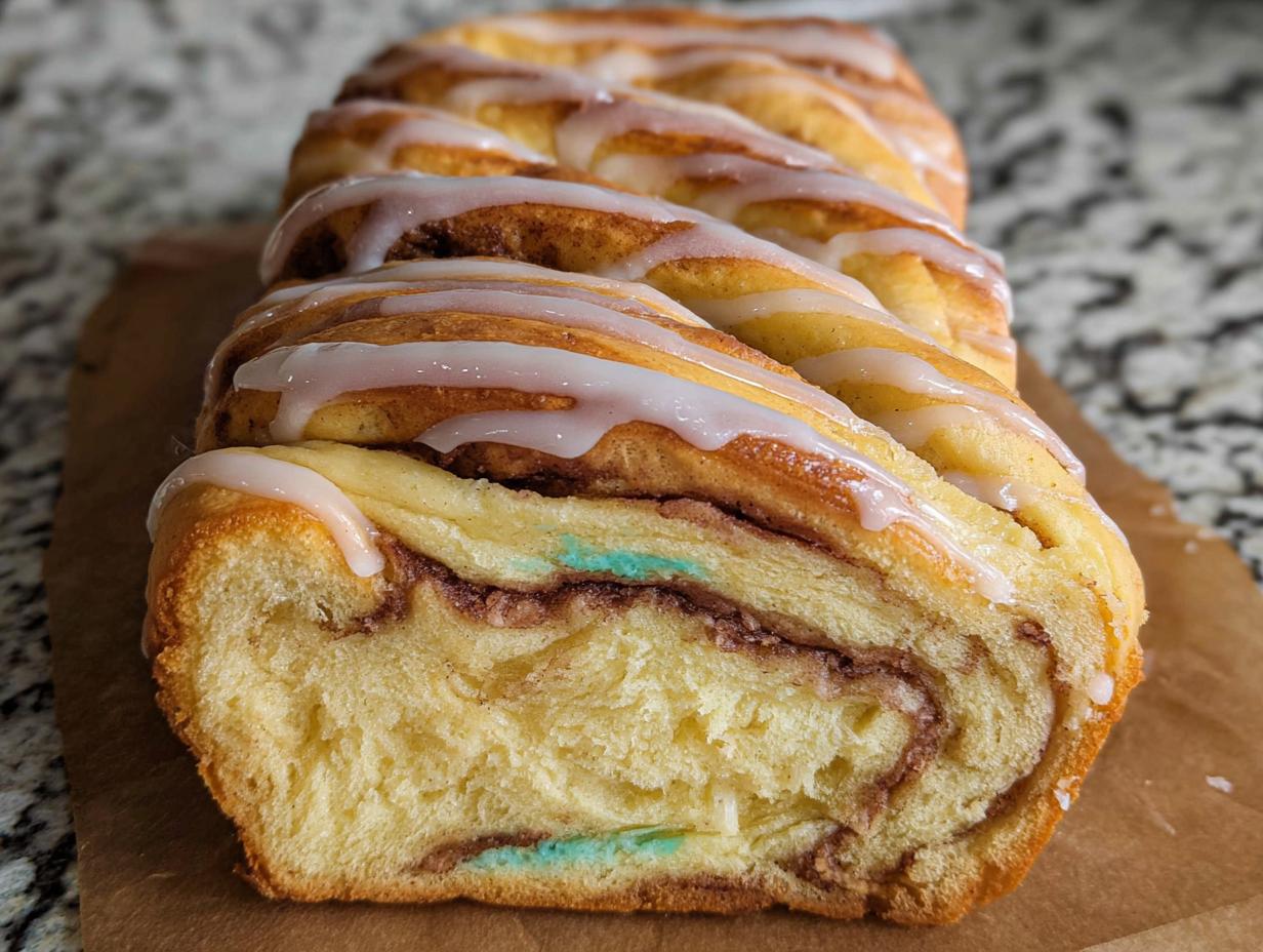 Close-up of a braided Easter Cream Cheese Babka, drizzled with white icing, showing swirls of cinnamon and cream cheese filling.