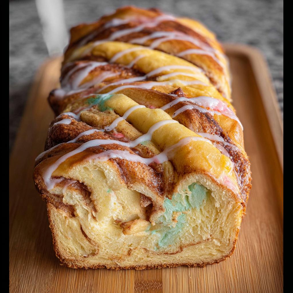 A close-up of a braided Easter Cream Cheese Babka, drizzled with icing and featuring colorful swirls of filling.