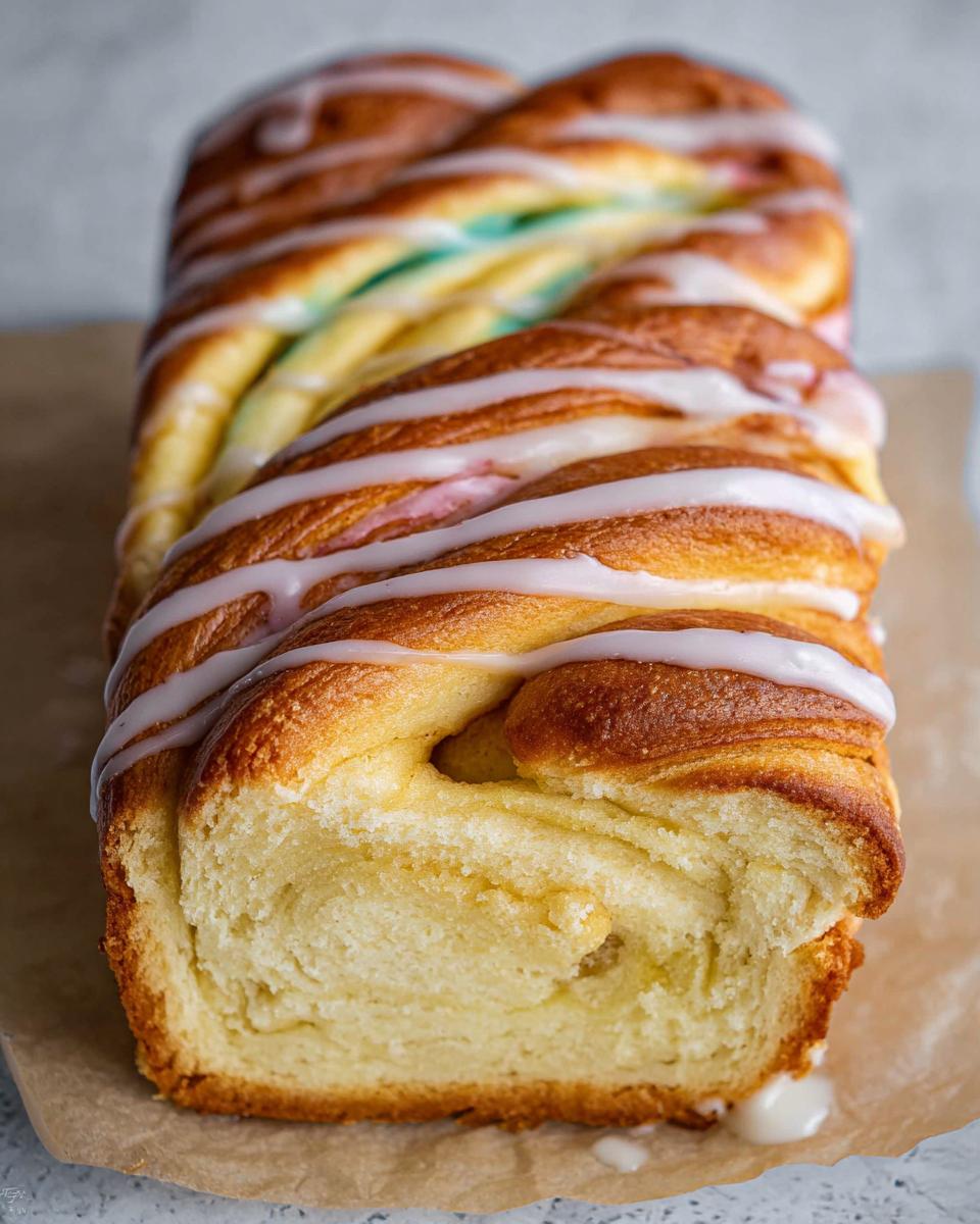 Close-up of a braided Easter Cream Cheese Babka with a rainbow swirl and white icing drizzle.
