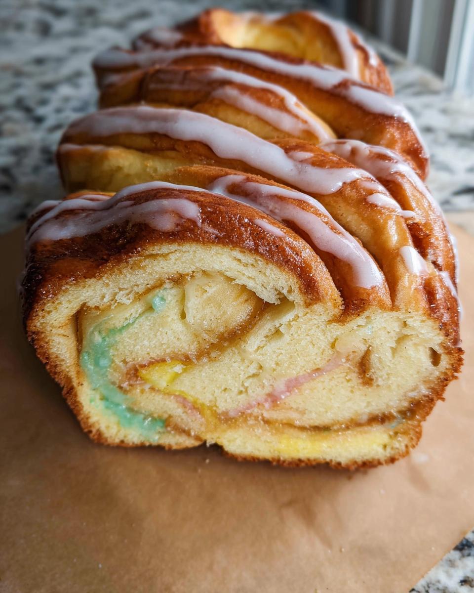 A close-up of a slice of Easter Cream Cheese Babka, showing its braided texture and colorful cream cheese filling.