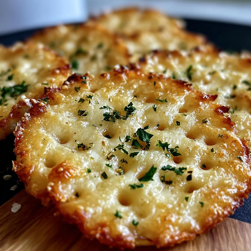 Close-up of golden brown Garlic Bread Ritz Bits topped with melted cheese and fresh parsley.