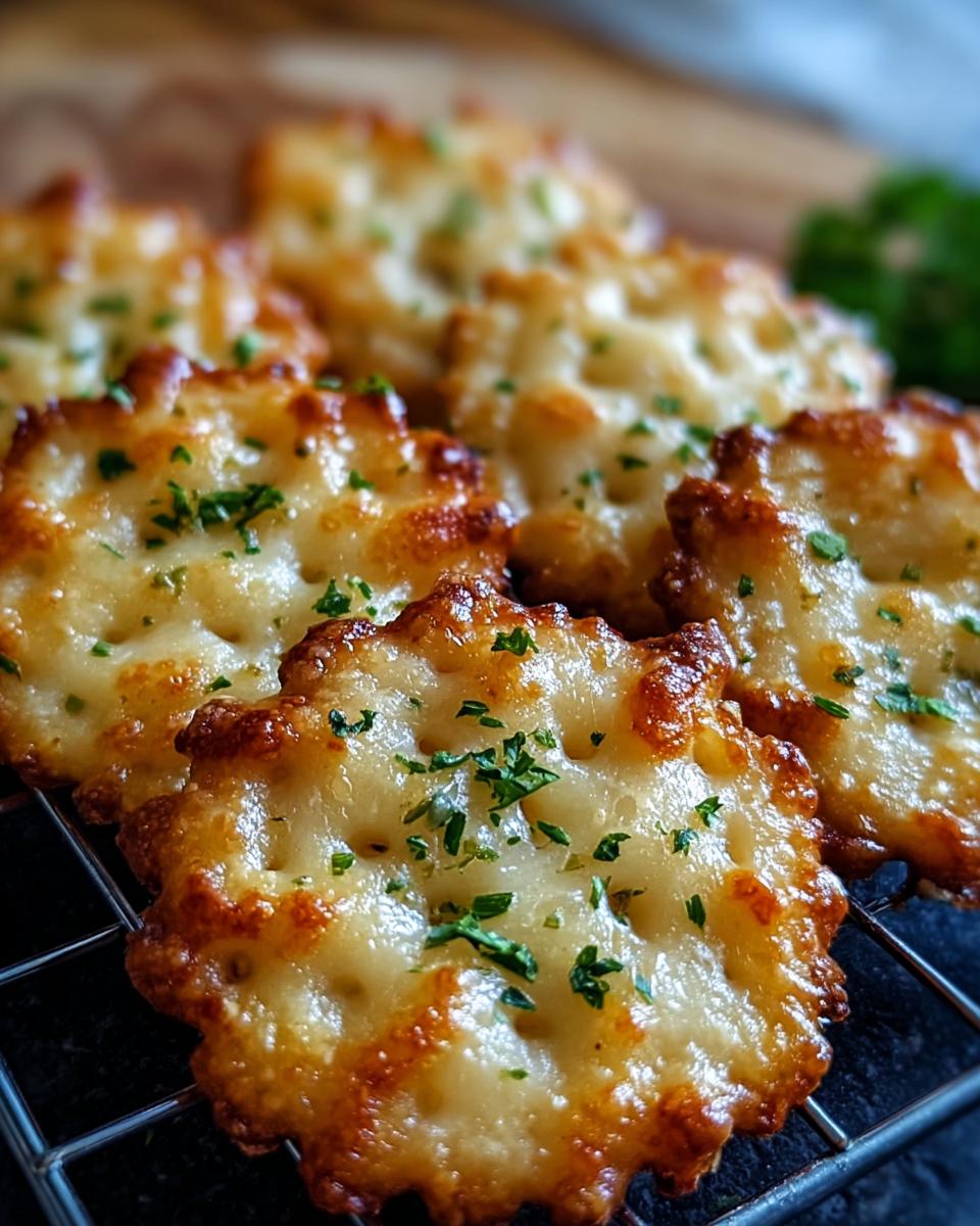 Close-up of golden brown Garlic Bread Ritz Bits topped with melted cheese and fresh parsley, resting on a wire rack.