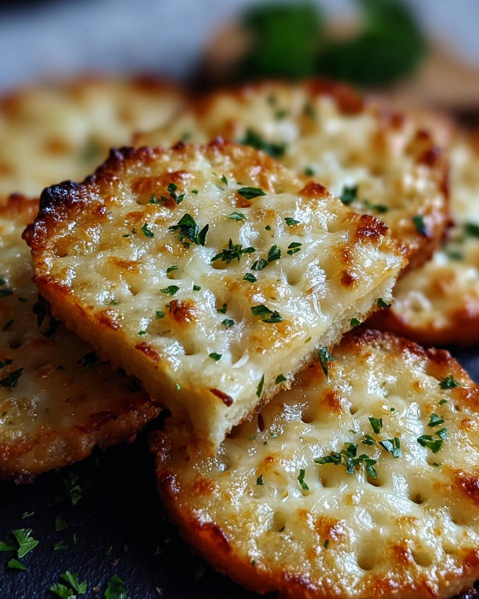 Close-up of golden-brown Garlic Bread Ritz Bits topped with melted cheese and fresh parsley.