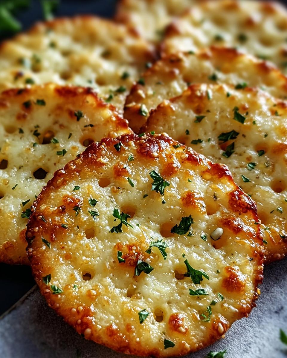 Close-up of golden brown Garlic Bread Ritz Bits topped with melted cheese and fresh parsley.