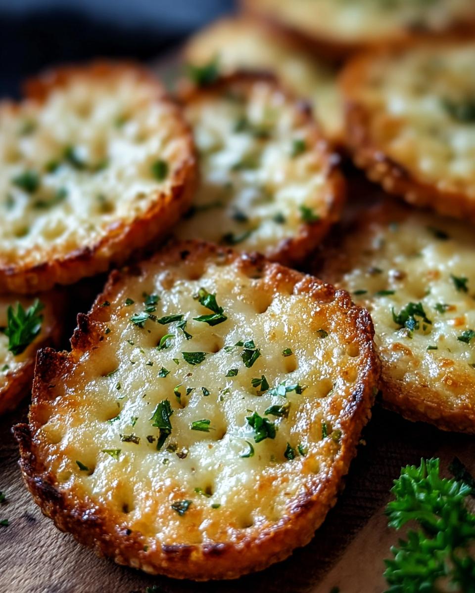 Close-up of golden brown Garlic Bread Ritz Bits topped with melted cheese and fresh parsley.