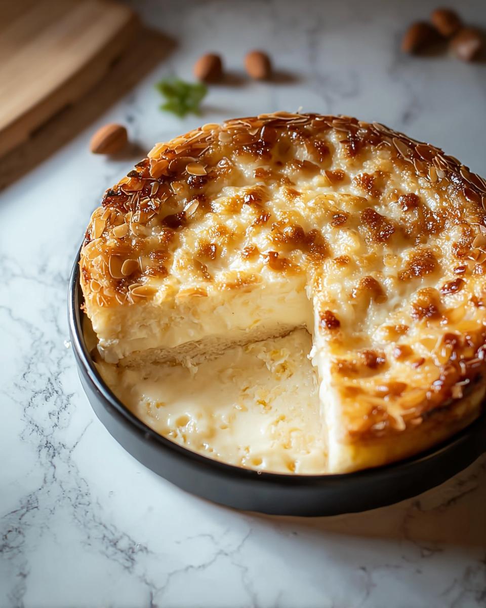 A slice is cut from a German Bee Sting Cake, revealing a creamy filling and a caramelized almond topping.