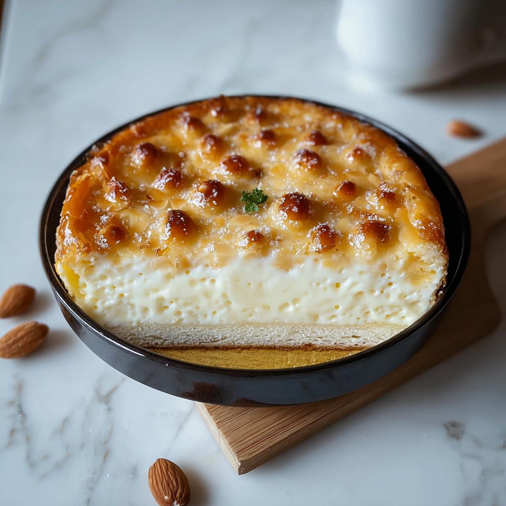 A slice of German Bee Sting Cake with a rich cream filling and caramelized almond topping.