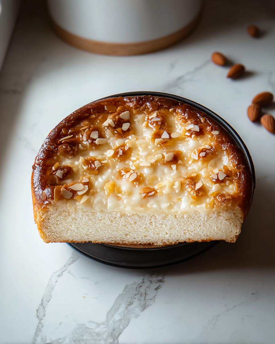 A cross-section of a German Bee Sting Cake showing the fluffy dough, creamy filling, and caramelized almond topping.