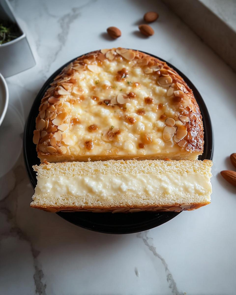 A slice of German Bee Sting Cake showcasing its rich cream filling and caramelized almond topping.