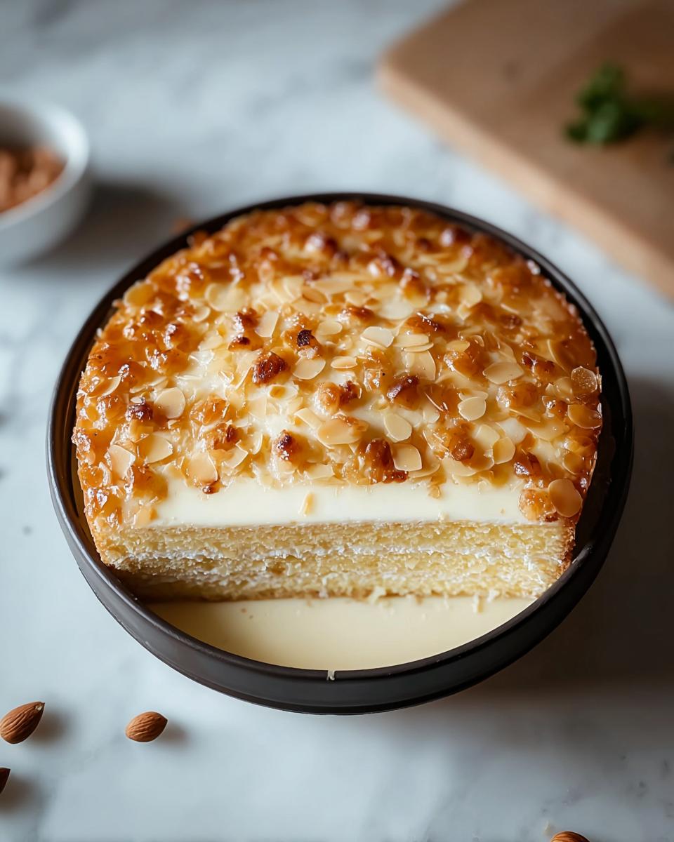 A slice of German Bee Sting Cake showing layers of sponge, cream, and a caramelized almond topping.