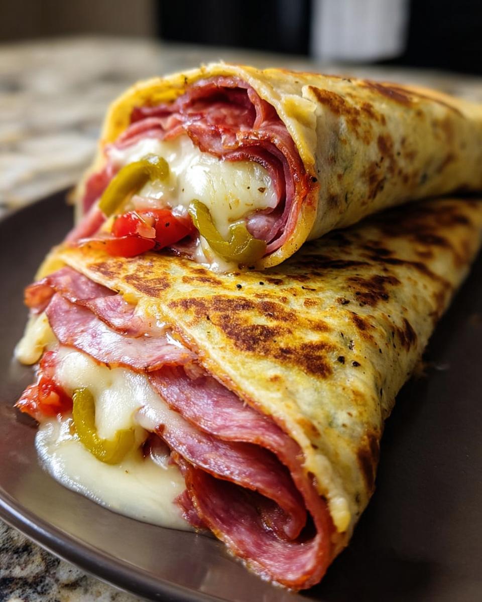 Close-up of a golden-brown Italian Sub Wrap filled with layers of salami, melted mozzarella cheese, and pickled peppers.