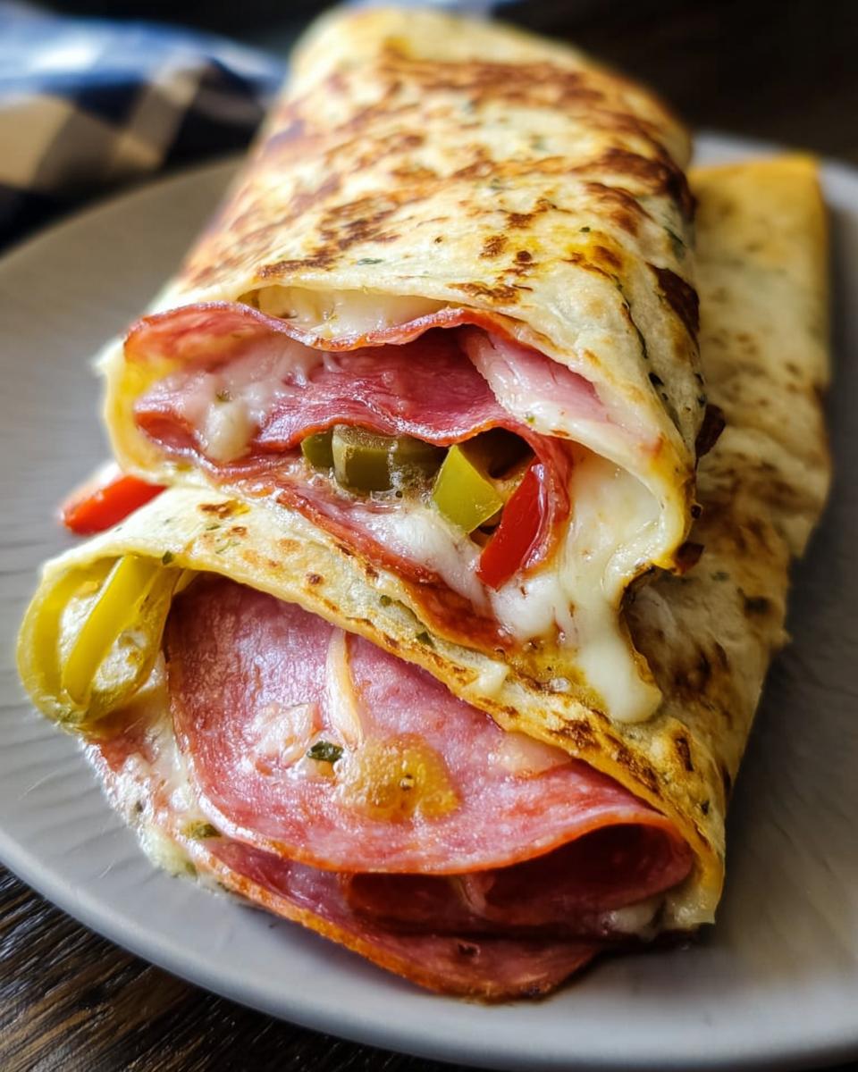 A close-up of a folded Italian Sub Wrap filled with salami, melted cheese, and pickled peppers.