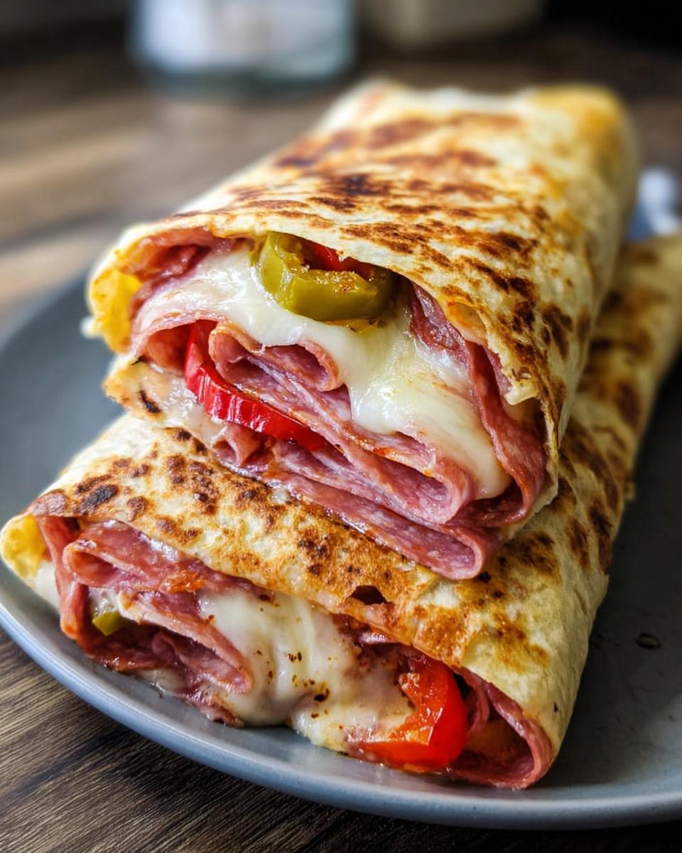 Close-up of a grilled Italian Sub Wrap filled with salami, melted cheese, red peppers, and jalapeños.
