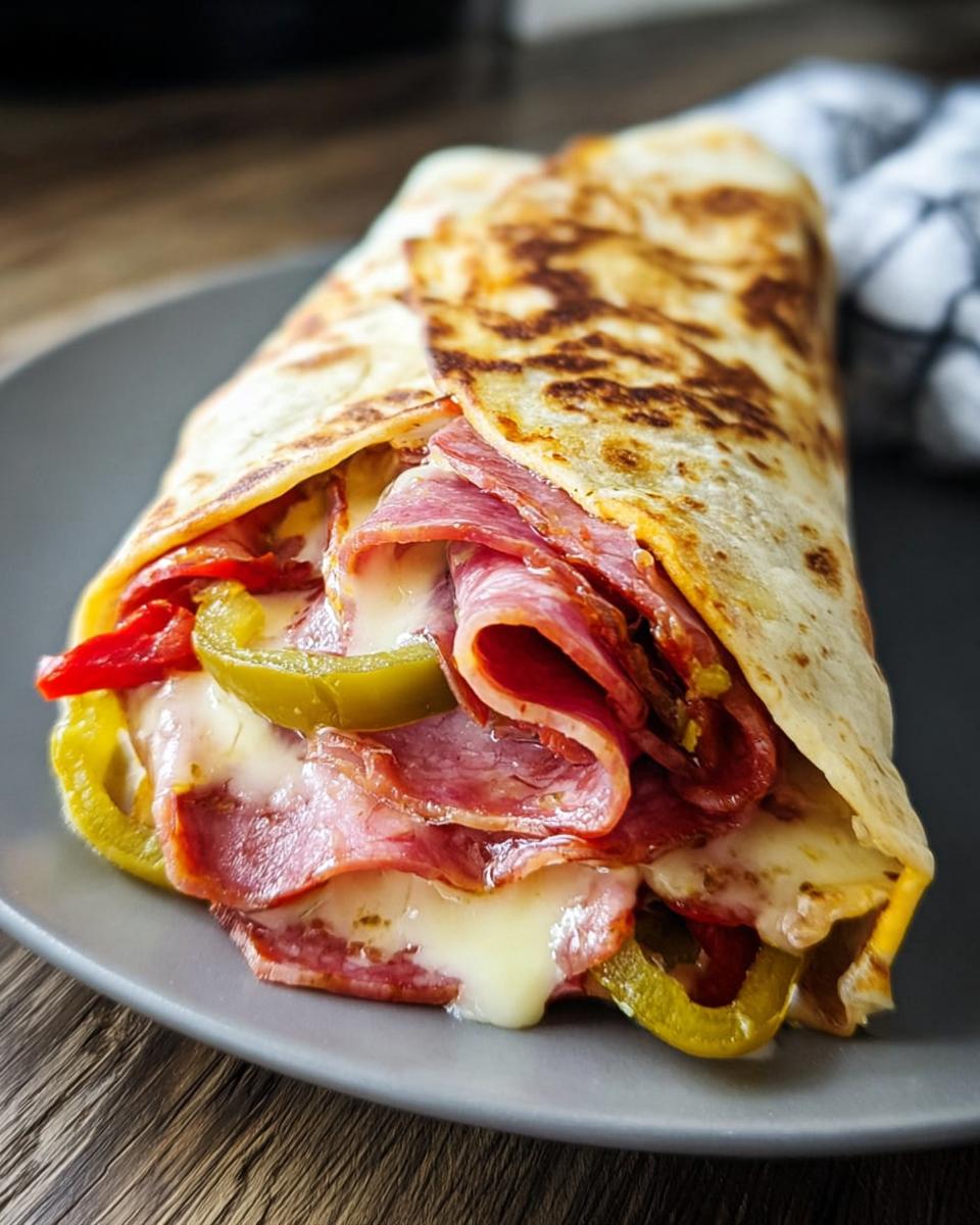 Close-up of a fully loaded Italian Sub Wrap featuring salami, melted cheese, and pickled peppers.
