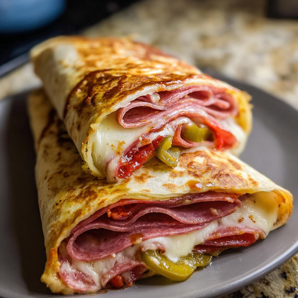 Close-up of a folded Italian Sub Wrap filled with layers of salami, melted cheese, and peppers.