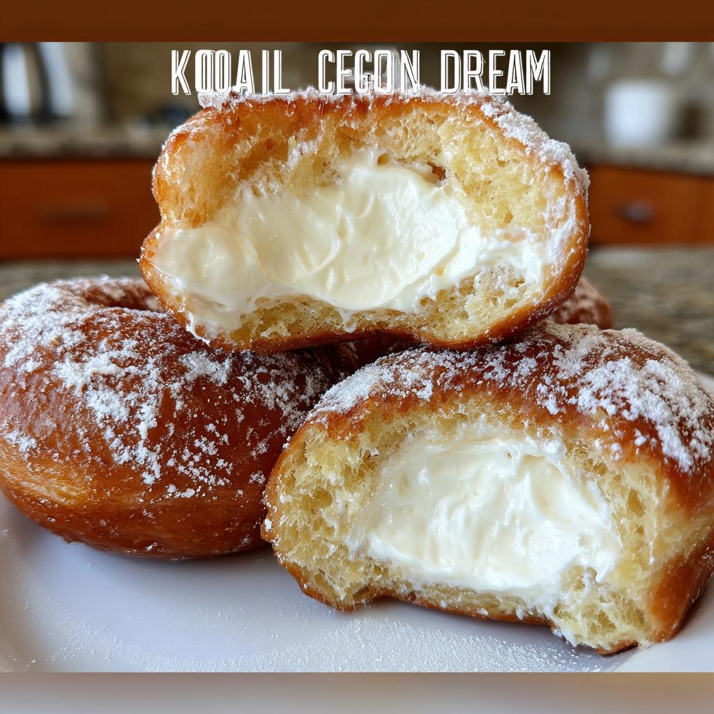 Close-up of a fluffy Korean milk cream donut, cut in half to reveal a rich, creamy filling and dusted with powdered sugar.