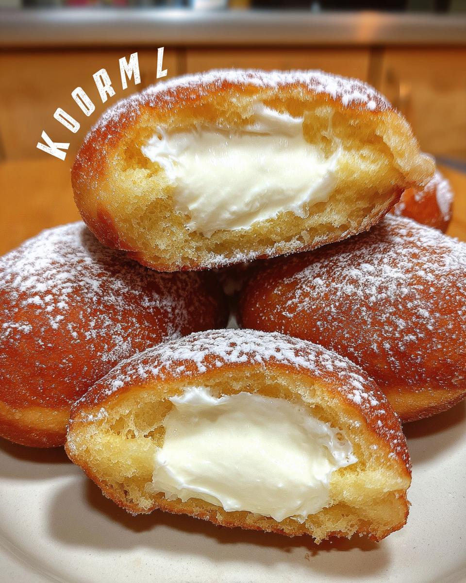 A close-up view of delicious Korean Milk Cream Donuts, dusted with powdered sugar and generously filled with a rich cream.