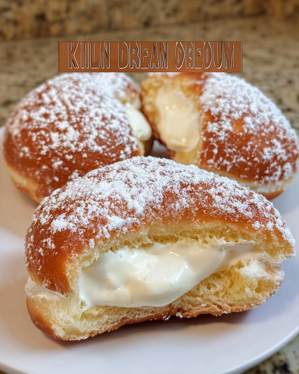 Close-up of three fluffy Korean milk cream donuts dusted with powdered sugar, one split open to reveal creamy filling.