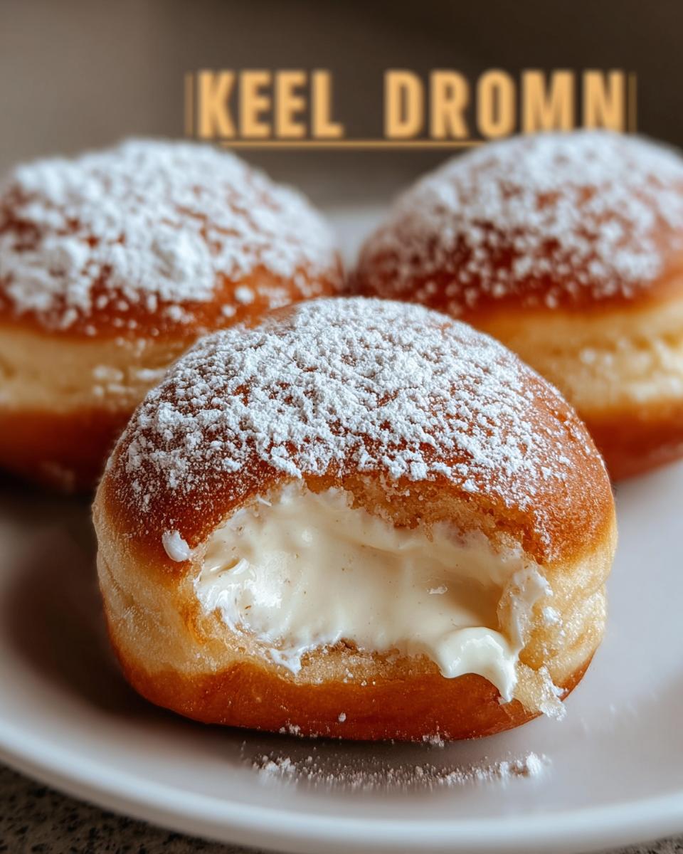 Close-up of three fluffy Korean Milk Cream Donuts, dusted with powdered sugar, one with a bite taken out revealing creamy filling.