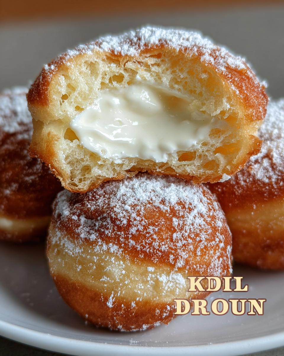A close-up of a split Korean Milk Cream Donut, revealing a rich, creamy filling and dusted with powdered sugar.