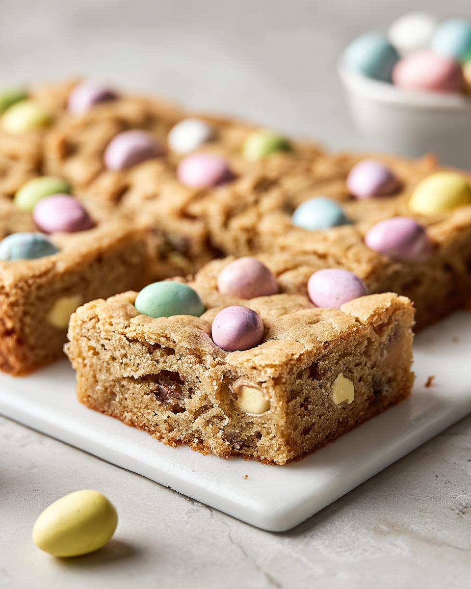 Close-up of a delicious Mini Egg Cookie Bar topped with pastel-colored mini eggs and white chocolate chips.