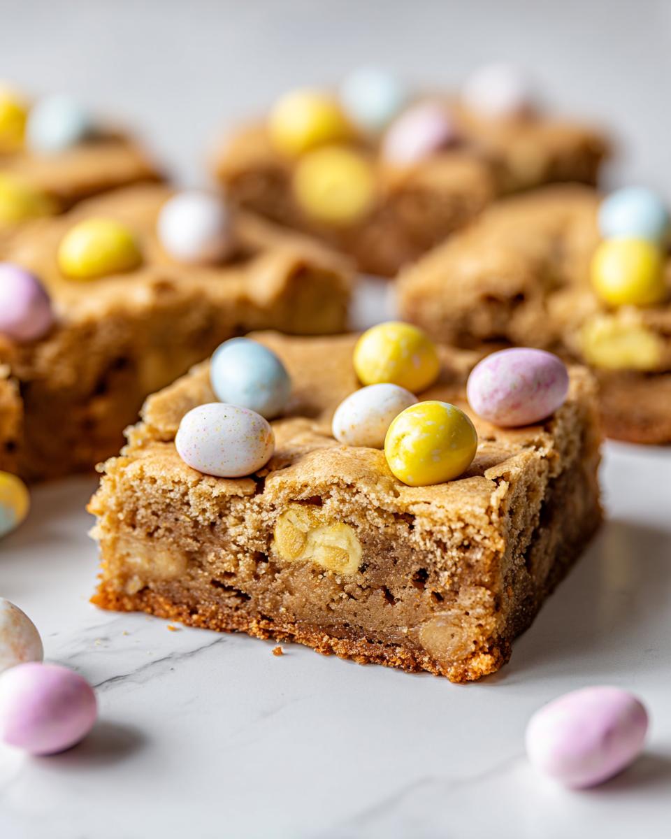 A close-up of a delicious Mini Egg Cookie Bar topped with pastel mini eggs.