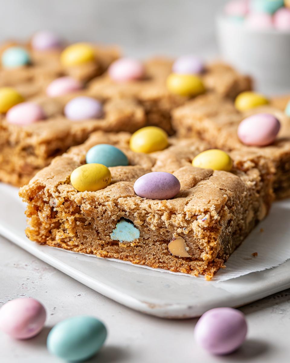 Close-up of a square Mini Egg Cookie Bar topped with pastel mini eggs, showing a soft, chewy texture.