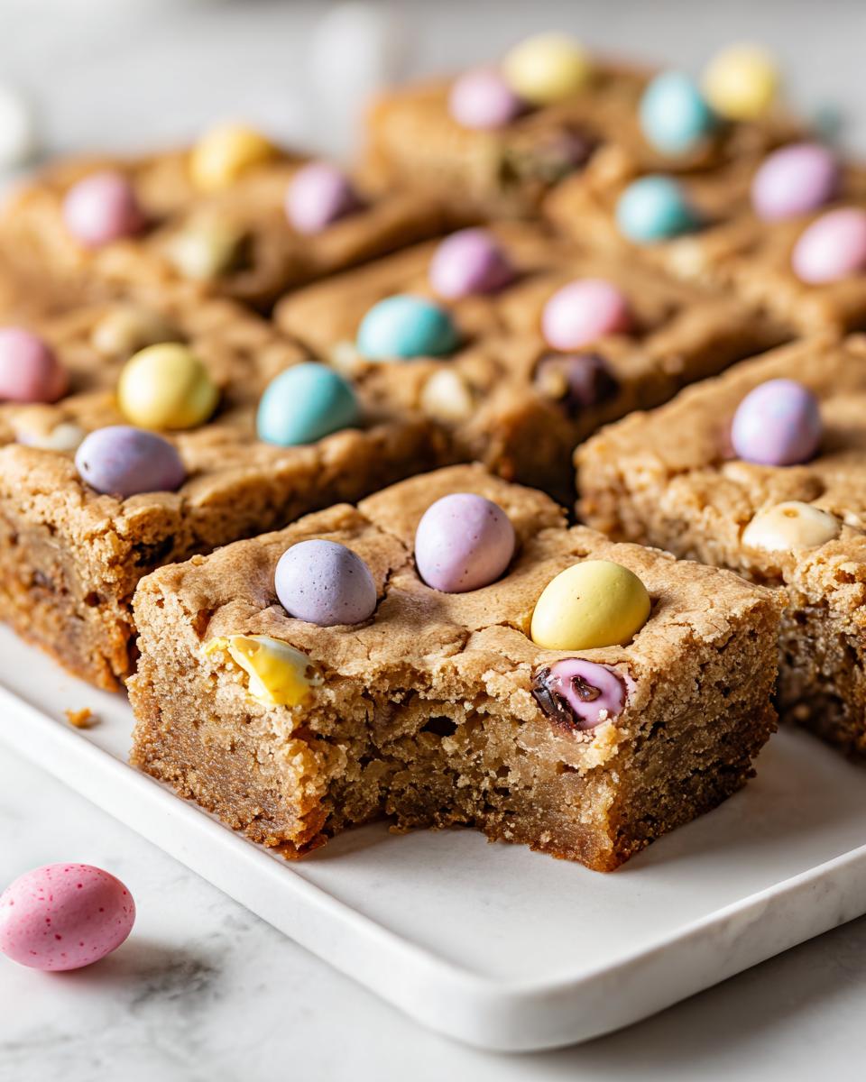 Close-up of freshly baked Mini Egg Cookie Bars topped with colorful pastel mini eggs.