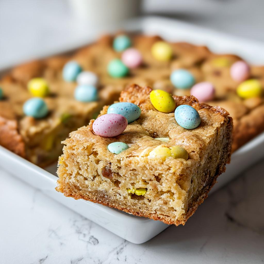 A close-up of a thick, chewy Mini Egg Cookie Bar topped with colorful pastel mini eggs.