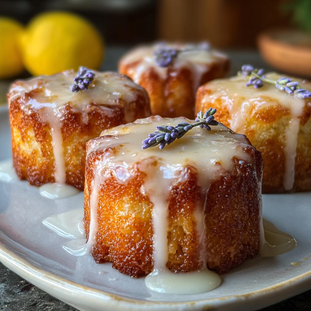 Four mini lemon cakes with lavender glaze, drizzled with glaze and garnished with lavender sprigs.