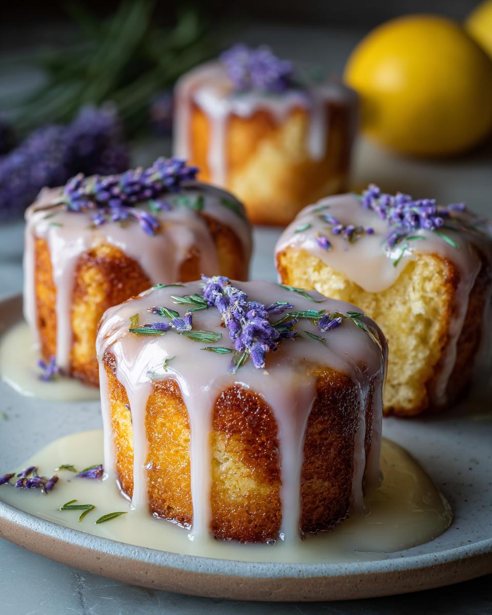Close-up of mini lemon cakes with lavender glaze, drizzled with glaze and topped with lavender sprigs and rosemary.