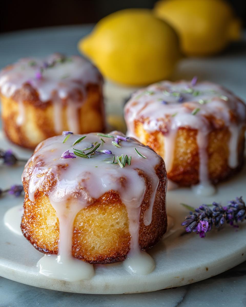 Close-up of mini lemon cakes with lavender glaze, drizzled with icing and garnished with lavender sprigs.