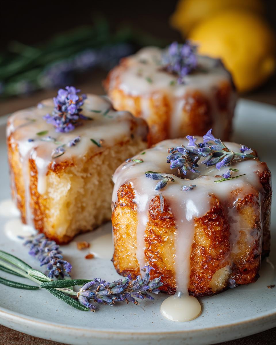 Three mini lemon cakes with lavender glaze, garnished with lavender sprigs and rosemary.