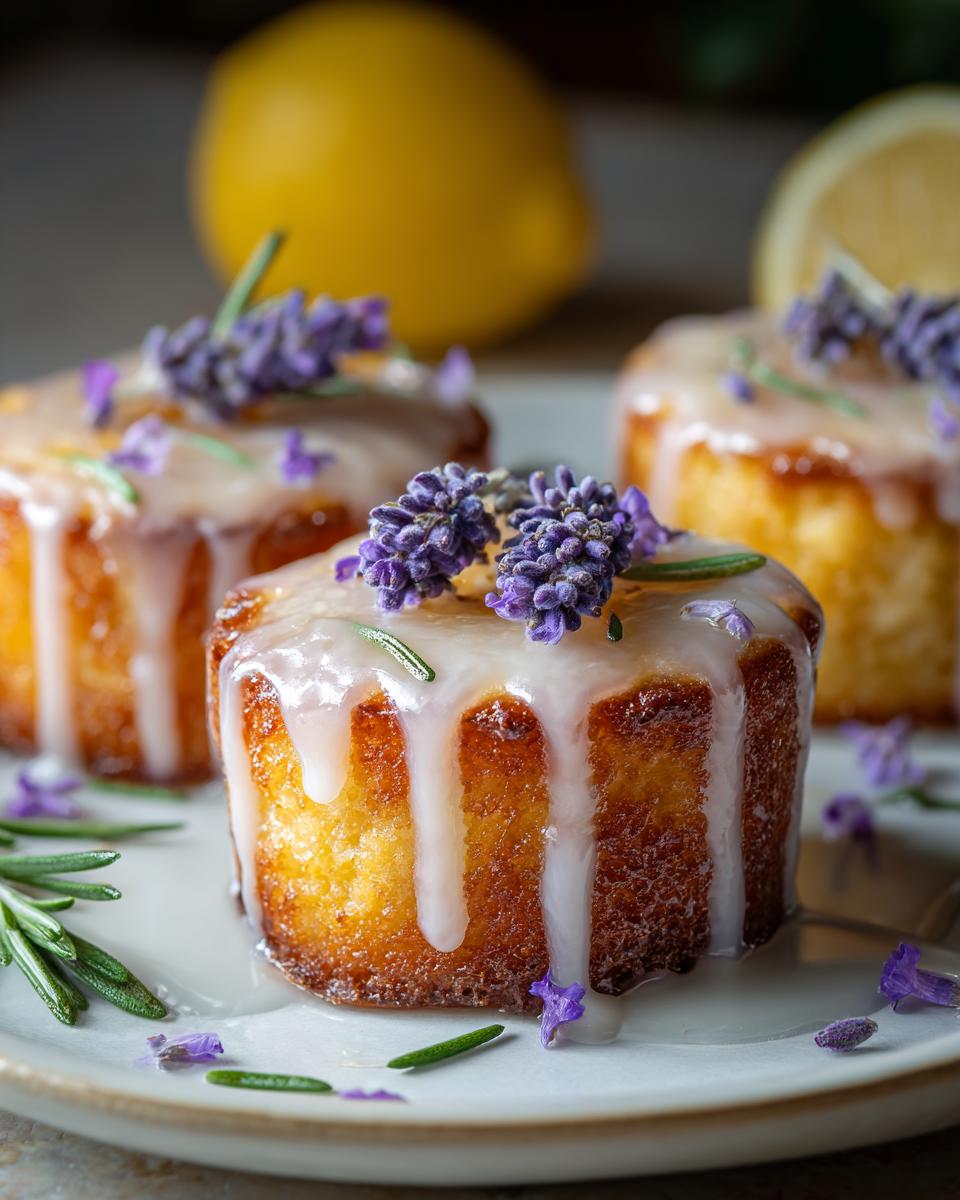 Close-up of three mini lemon cakes with lavender glaze, topped with fresh lavender sprigs and rosemary.