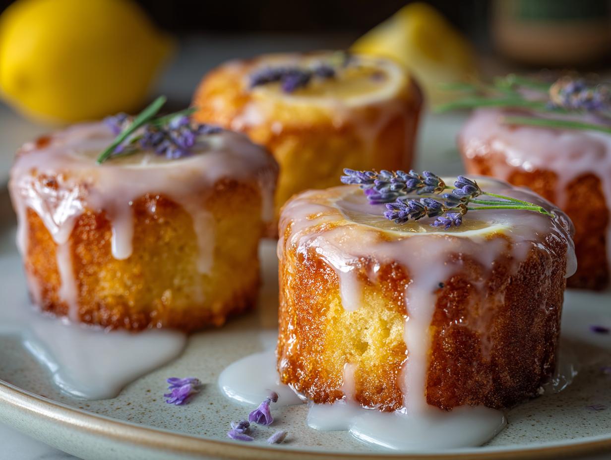Close-up of delicious mini lemon cakes with lavender glaze, topped with fresh lavender sprigs and lemon slices.