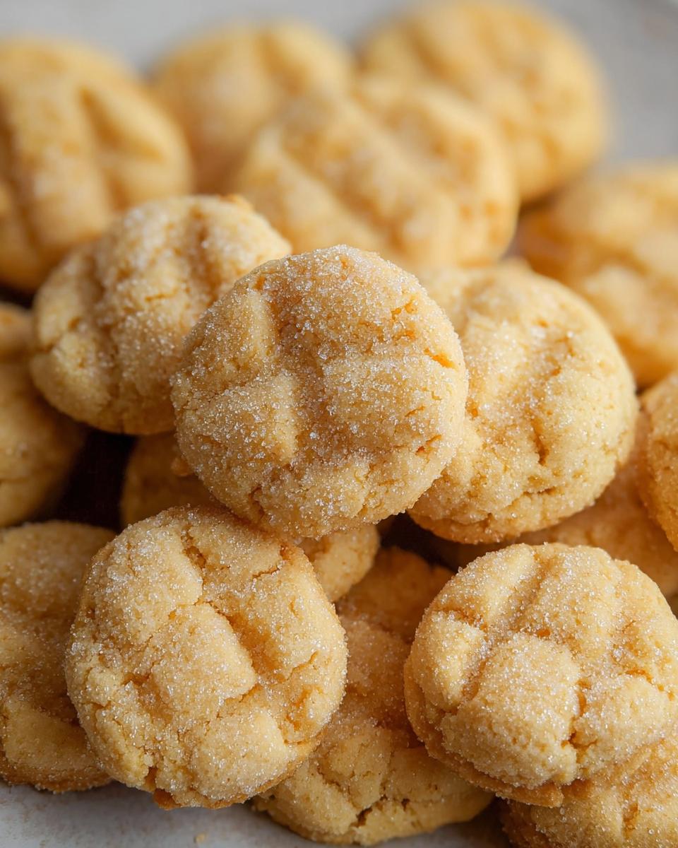 Close-up of a pile of golden-brown mini sugar cookies, coated in sparkling sugar.
