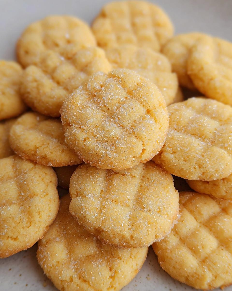 A close-up of a pile of golden-brown mini sugar cookies, some coated in sparkling sugar.