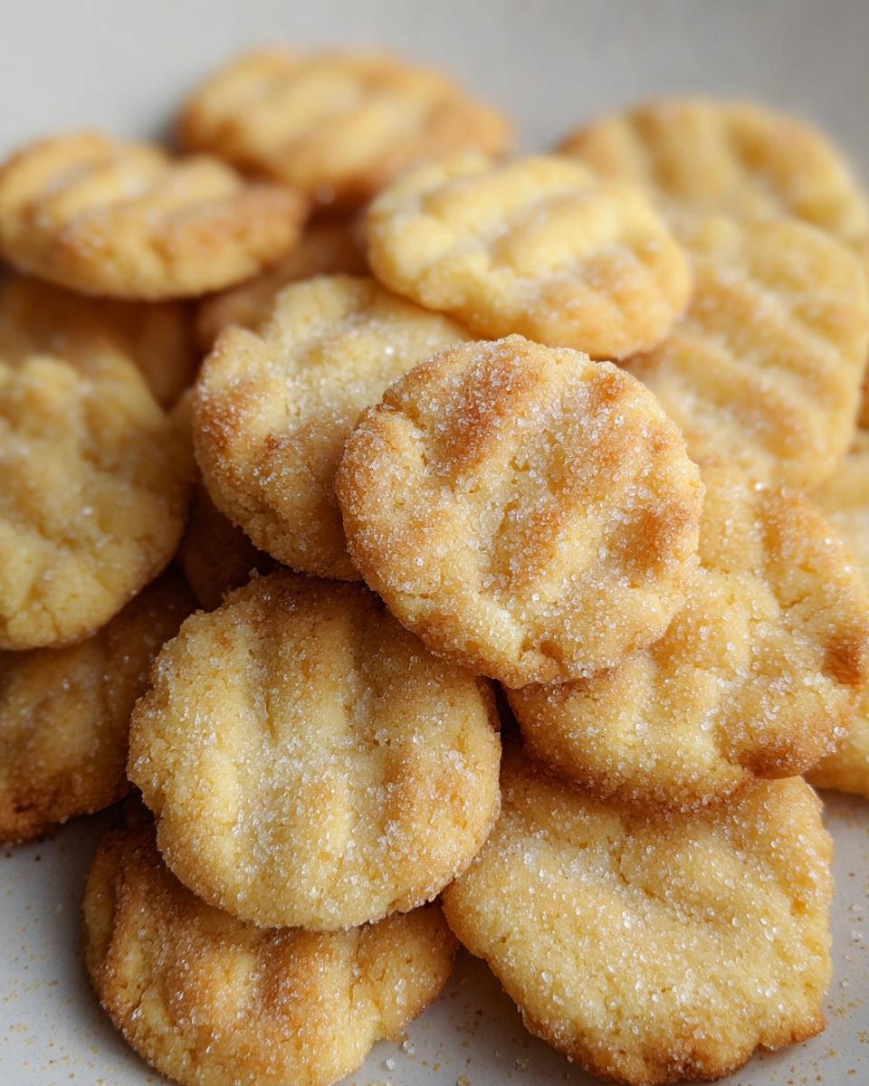 A close-up shot of a pile of golden-brown mini sugar cookies, lightly coated in sparkling sugar.