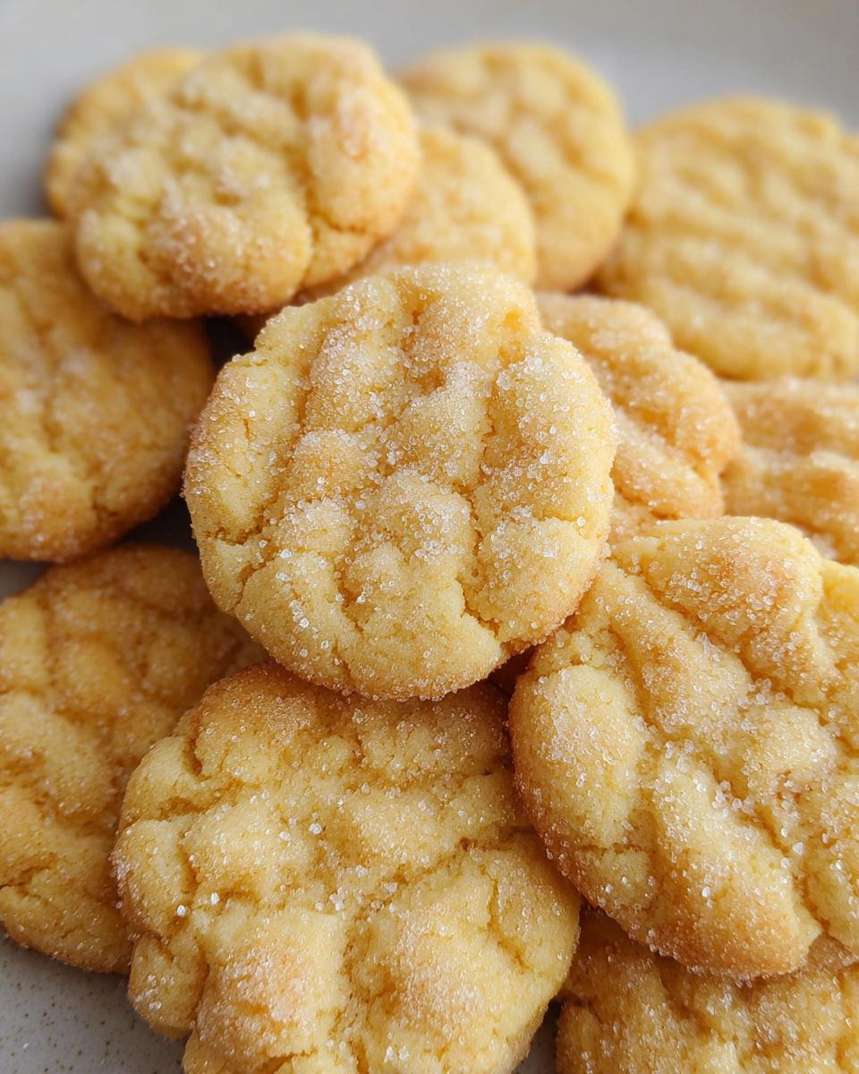 Close-up of a pile of golden Mini Sugar Cookies, coated in sparkling sugar crystals.