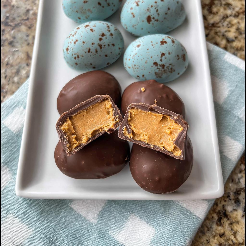 Close-up of chocolate-covered Peanut Butter Easter Eggs, one cut in half to show the creamy peanut butter filling.