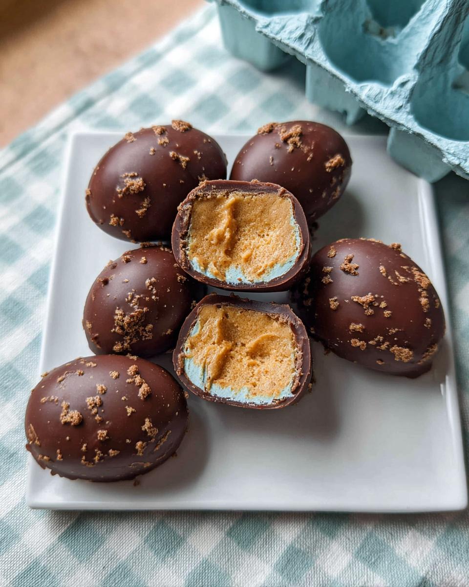 A close-up of delicious Peanut Butter Easter Eggs, with one cut in half to reveal the creamy peanut butter and blue filling.
