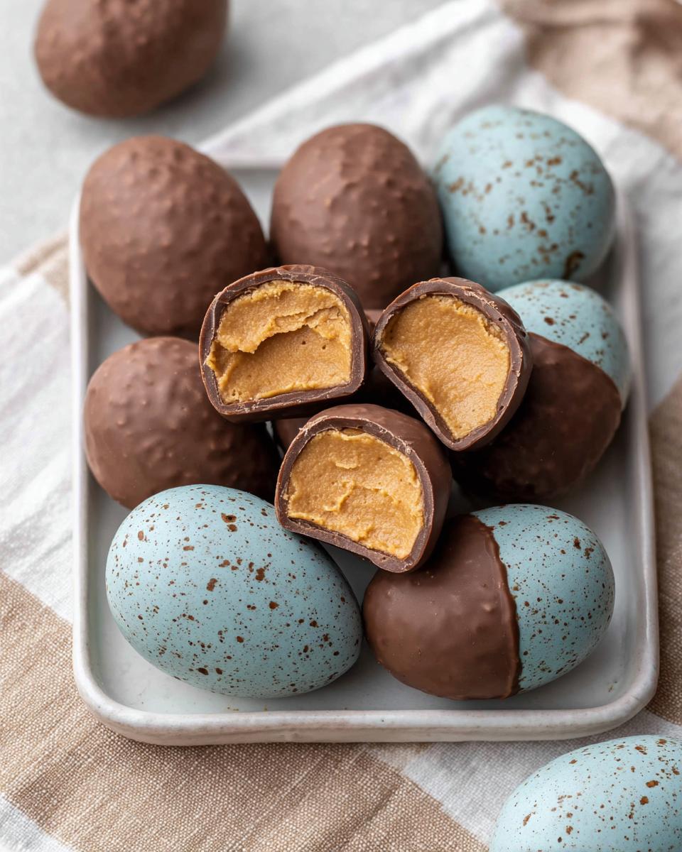 A close-up of chocolate-covered Peanut Butter Easter Eggs, with some cut in half to reveal the creamy peanut butter filling.