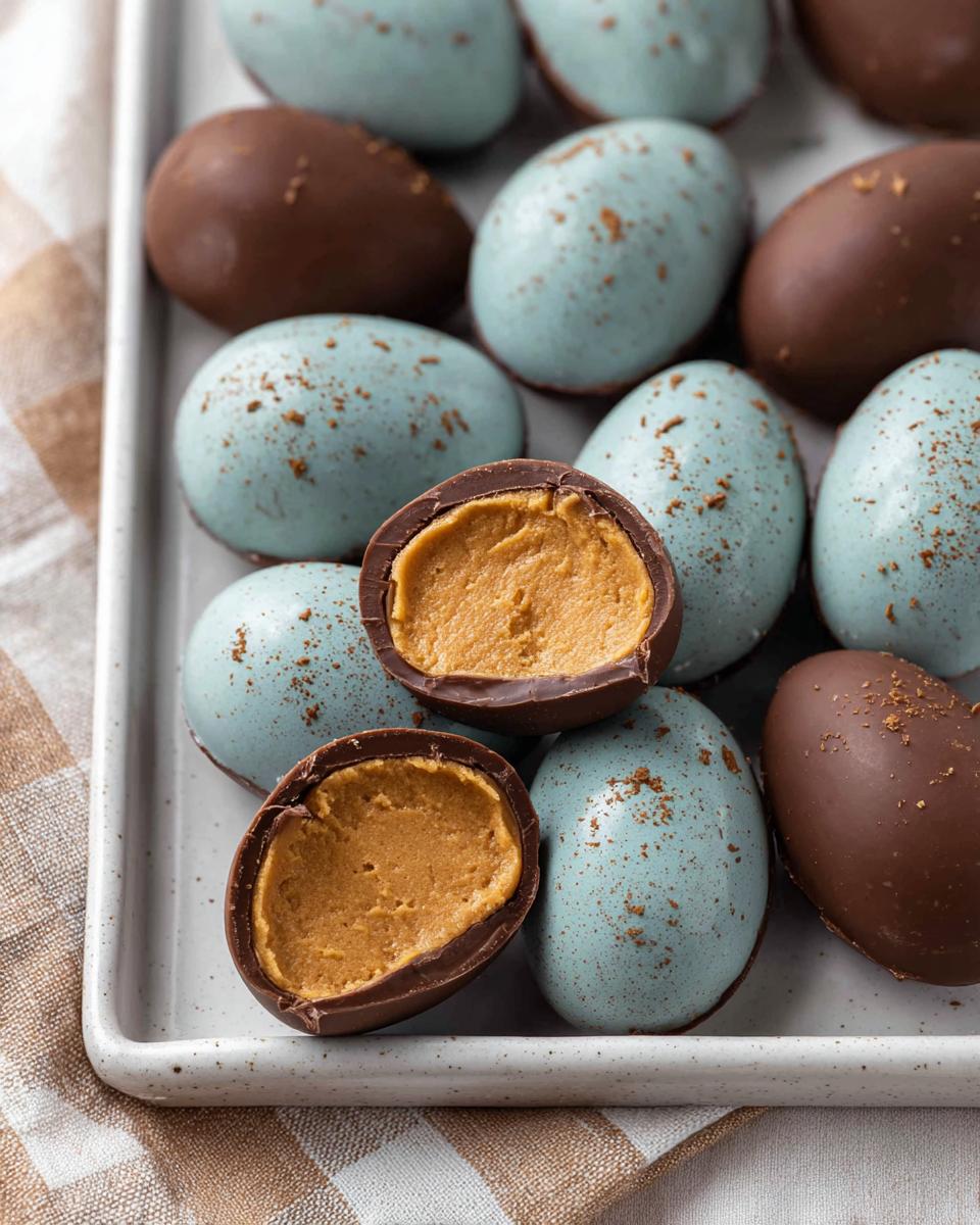 A close-up of homemade Peanut Butter Easter Eggs, with some chocolate and some light blue, one cut in half to reveal the creamy peanut butter filling.