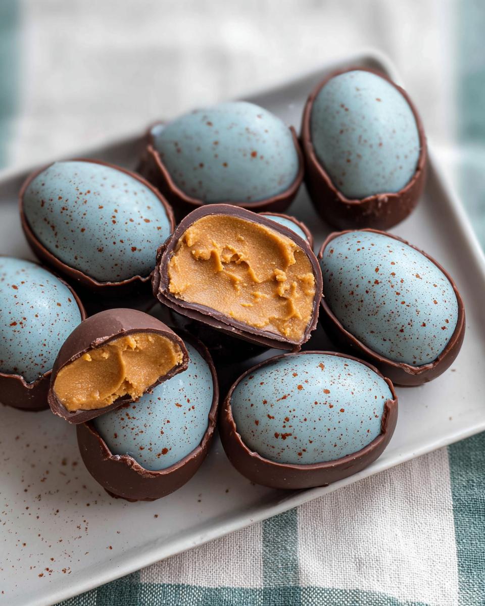 Close-up of a cut Peanut Butter Easter Egg showing creamy peanut butter filling inside a chocolate shell.
